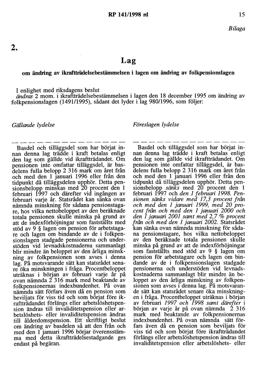 RP 141/1998 rd 15 Bilaga 2. Lag om ändring av ikraftträdelsebestämmelsen i lagen om ändring av folkpensionslagen I enlighet med riksdagens beslut ändras 2 mom.