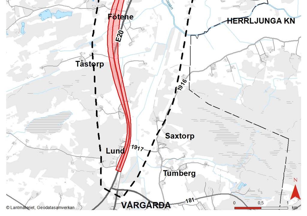 Korridor Röd följs från Vårgårda i söder till Södra Härene i norr där E20 kan gå över till korridor Blå och följer