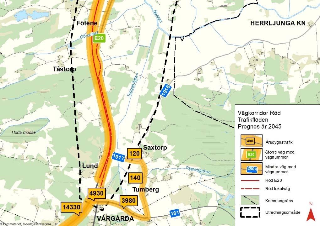 Vägplan samrådshandling, val av lokaliseringsalternativ 2017 12 20 Korridor Röd Korridor Röd går till stora delar i ny sträckning väster om befintlig E20 och är den enda korridoren som medför en