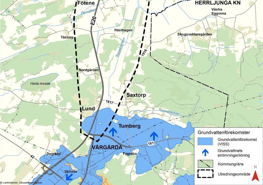 Vägplan samrådshandling val av lokaliseringsalternativ 2017 12 20 Grundvatten I samband med att geotekniska fältundersökningar utförts i området mättes stabiliserade vattenytor i provtagningshålen.