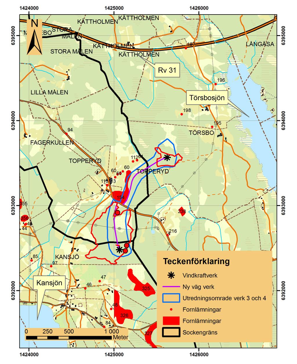 figur 1. Utdrag ur digitala fastighetskartan över området kring Topperyd.