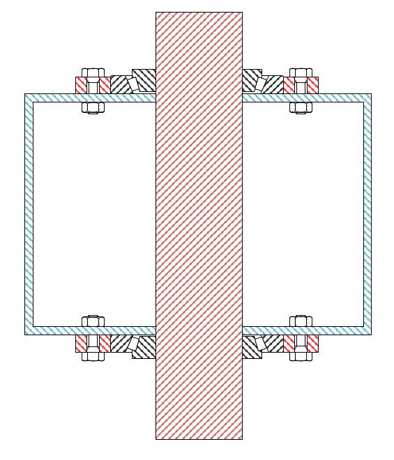toppen- och botten profilen. Ett runt lagerhus som innehåller genomgående hål parallella med rotationsaxeln är placerad på varje lager. Skruvar och muttrar håller flänsarna ihop med generatorhuset.