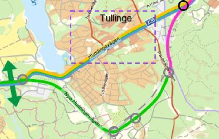 Figur 3. Planerad sträckning av Huddingevägen/väg 226. [6]. Bensinstationen är belägen mellan Huddingevägen/väg 226 och järnvägsspåren enligt Figur 2.