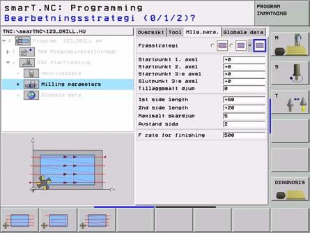 Ytterligare parametrar i detaljformuläret Tool: Definiera bearbetningar DL: Deltalängd för verktyg T DR: Deltaradie för verktyg T DR2: Deltaradie 2 (hörnradie) för verktyg T M-funktion: Valfria