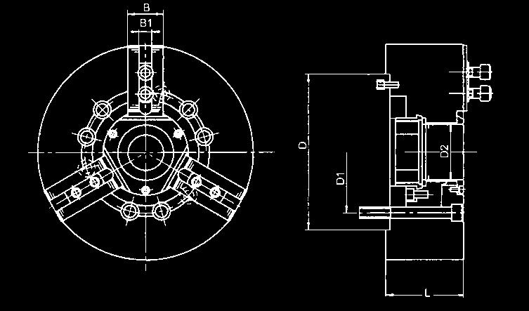 Kraftspännchuck med kilhakar Utförande med 3 backar Modell B/BT-200 Med stor genomgång Helt av stål Härdade och slipade gejder Hög rotationsnoggrannhet Smörjnippel i varje grundback