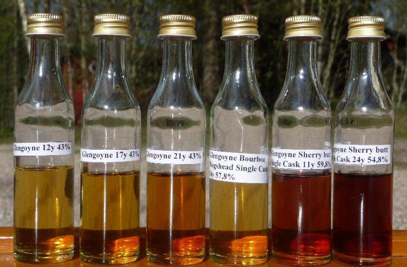 Småflaskor på rad i solskenet vilket visar hur härligt färgen skiljer sig mellan olika buteljeringar. Omröstningsresultat: Kvällens bästa whisky röstades fram genom handuppräckning.