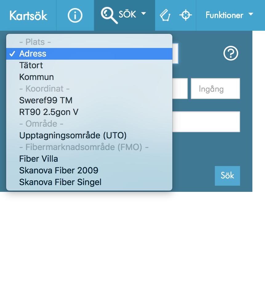 Sök Göra sökning Sök-funktionen når du till vänster i huvudmenyn. Du kan välja att söka på: - Adress - Tätort - Kommun - Koordinat: Sweref99 TM - Koordinat: RT90 2.