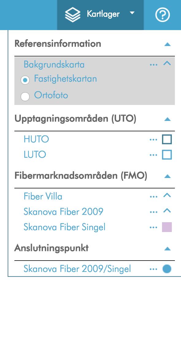 Kartlager Information som går att se i kartan tänds och släcks i dialogen Kartlager. Detta hittas till höger i huvudmenyn.