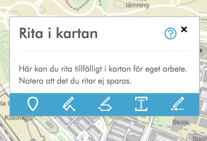 Funktioner och snabbfunktioner Rita i kartan Denna funktion låter dig rita tillfälliga markeringar i kartan. Aktivera funktionen genom att klicka Funktioner i huvudmenyn och välj Rita i kartan.