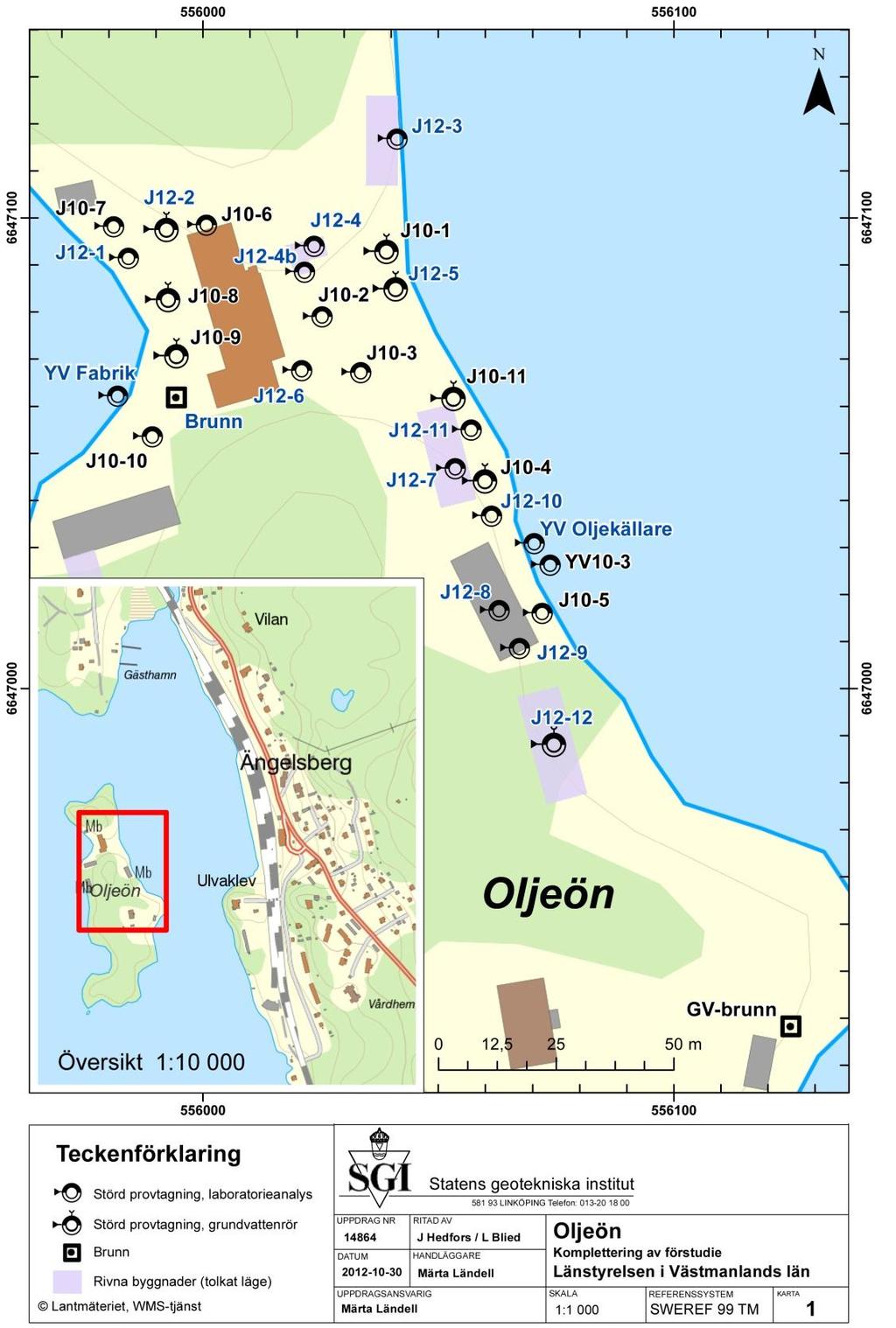 Figur 2. Karta 2012-10-30 Oljeön. Framställd av SGI. Prover tagna hösten 2012 är markerade med blå text i kartan.