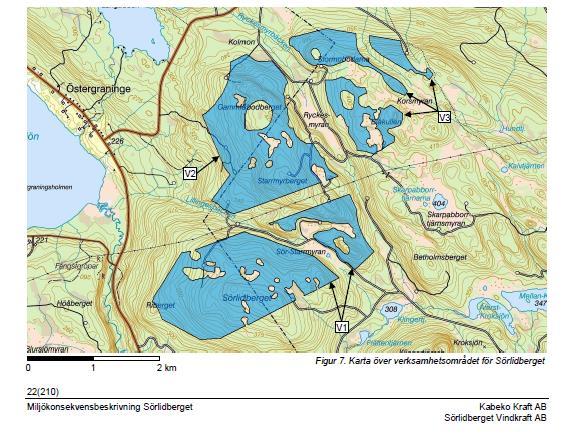 43 (71) Verksamhetsområde, projektområde Karta Utdrag ur Tillståndsansökan med MKB Figur 7 sid 22 Verksamhetsområdet är uppdelat i tre områden V1, V2 och V3 och berör i delar Sollefteå kommun och
