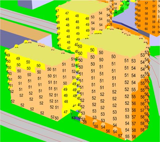 Fasaderna so vetter ot Hagaborgsgatan vid byggnaden norr o vägen har ekvivalenta ljudnivåer beräknats ligga under 55 dba.