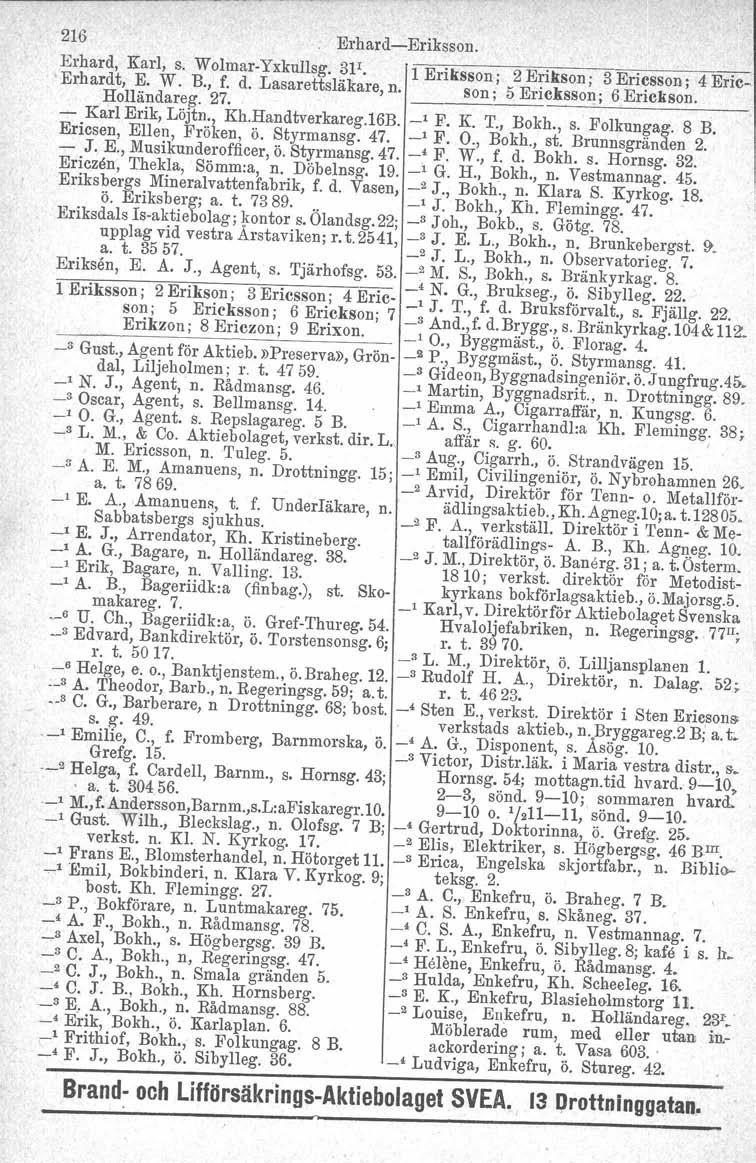 216 Erhard-Eriksson. Erhard, Karl, s. Wolmar-Yxkullsg. BF. l Eriksson j 2 Erikson, 3 EricsSOD; 4 Eric.- Erhardt, E. W. B., f. d. Lasarettsläkare, n. son- 5 Ericksson' 6 Erickson. Holländareg. 27.. '.