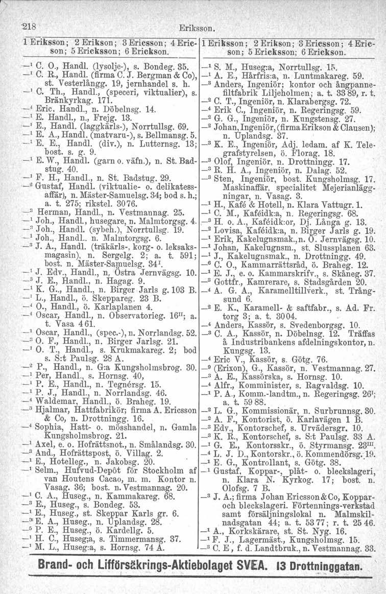 "218 Eriksson. 1 Eriksson; 2 Erikson ; 3 Ericsson; 4 Eric- 1 Eriksson; 2 Erikson ; 3 Ericsson; 4 Ericson; 5 Ericksson; 6 Erickson. son; 5 Erieksson: 6 Erickson. 1 C. O., Handl. (lysolje-), s. Bondeg.