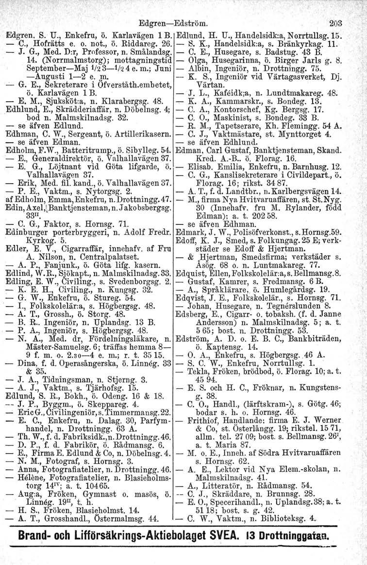 , ' Edgren-Edström. 203 Edgren, S. U., Enkefru, ö. Karlavägen 1 B. Edlund, H. U., Handelsidk:a, Norrtullsg. 15. - C., Hofrätts e. o. not., ö. Riddareg. 26. - S. K., Handelsidk:a, s. Bränkyrkag. Il.