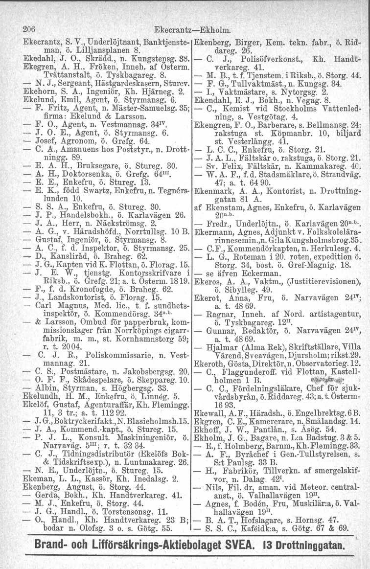 206 Ekecrantz-Ekholm. Ekecrantz, S. V., Underlöjtnant, Banktjenste- Ekenberg, Birger, Kem. tekn. fabr., ö. Ridman, ö. Lilljansplanen 8. dareg. 26. Ekedahl, J. O., Skrädd., n. Kungstensg.Be; - C. J., Polisöfverkonst.