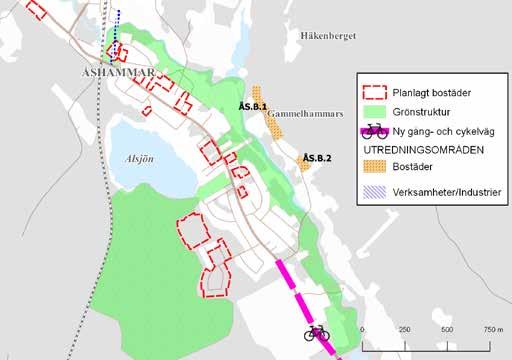 64 Ortsanalys Åshammar Framtida markanvändning i Åshammar Bostäder (B) I Åshammar finns elva planlagda områden för sammanlagt 122 bostäder.