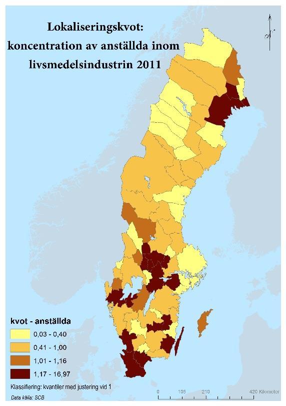 mindre andel sysselsatta i livsmedelsindustrin än vad landet som helhet har.