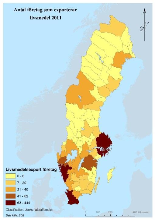 Figur 4 Antal livsmedelsexporterande företag 2011 Källa: SCB, egen bearbetning Ser man till exportintensiteten