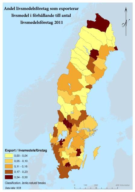 Figur 5 visar andel exporterande livsmedelsföretag i landets FA-regioner samt förhållandet mellan exportvärde och