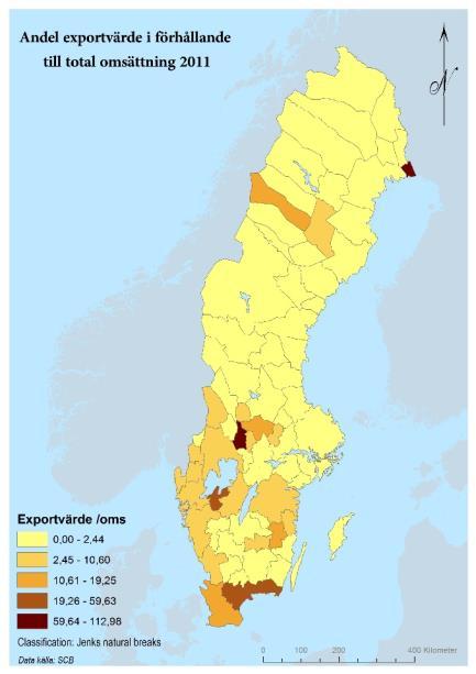 Den vänstra kartan visar att störst andel exporterande livsmedelsföretag finns i några gränsregioner i Norrland,