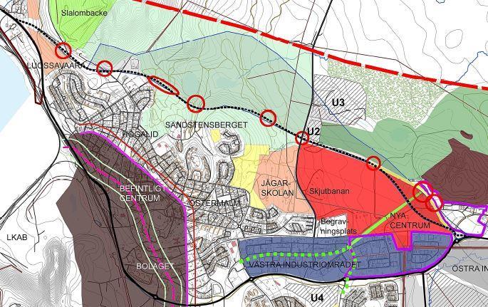 Del av plankarta till fördjupad översiktsplan. Kiruna kommun har också tagit fram Trafikplan Kiruna centralort.