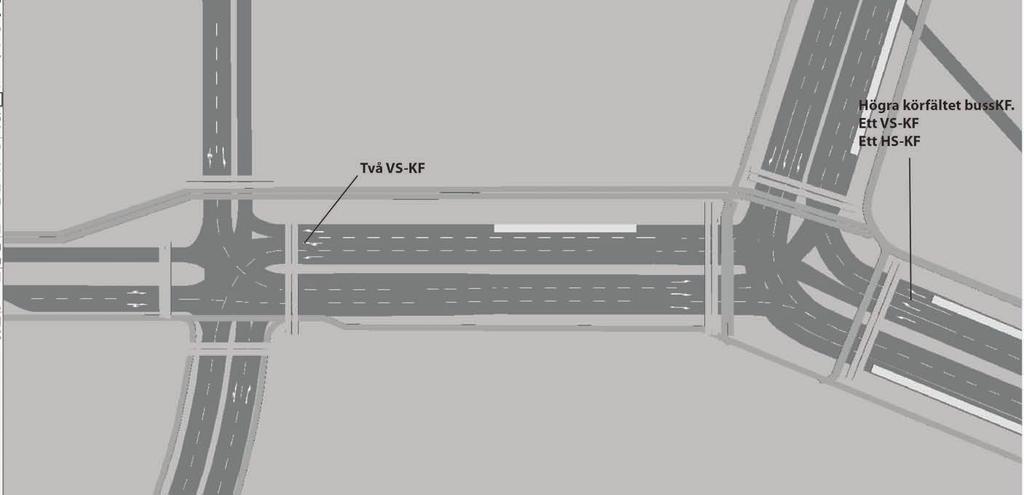 Alt 1 Grundutförande där Västerbronedfarten bibehålls Bild 10 visar utformning och antal körfält efter ombyggnad av Västerbroplan i grundutförande där Västerbronedfarten behålls, alt1.