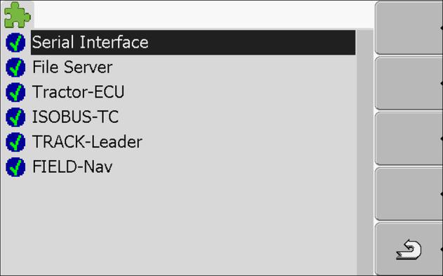 7 Konfigurera terminalen i applikationen Service Aktivera licenser för fullständiga versioner av programvaran Namn på Plug-ins ISOBUS-TC TRACK-Leader Innehåller följande applikationer ISOBUS-TC