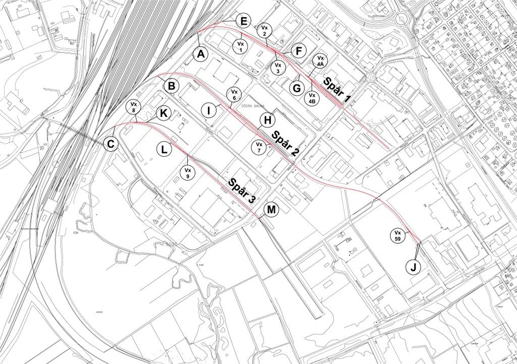 5(11) Spåranläggningens omfattning Spåranläggningen består av tre industrispår på Södra Backa industriområde (industrispår 1, 2 och 3) samt ett industrispår på Norra Backa industriområde