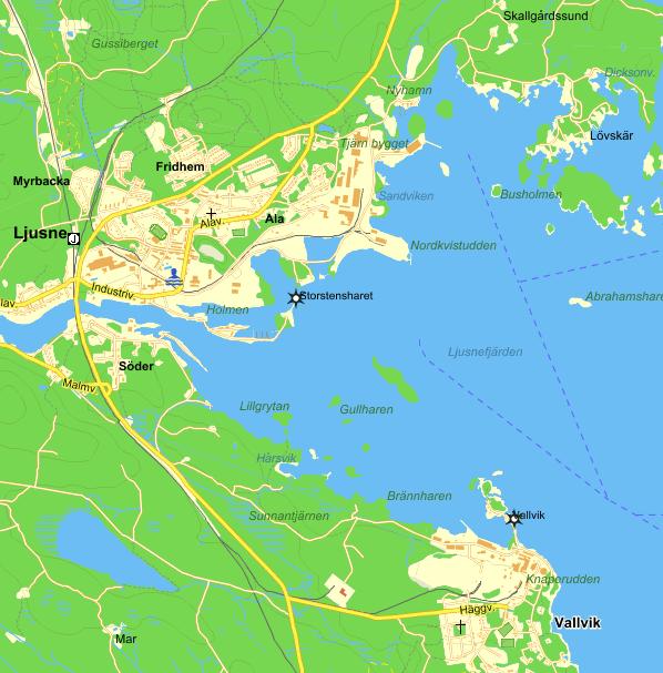 Ljusne/Vallvik Ala- Orrskärshamnar: Långviken, östra stranden-hovskär, östra stranden rakt söderut till punkt 300 m från kaj vid Orrskärshamnen, därefter