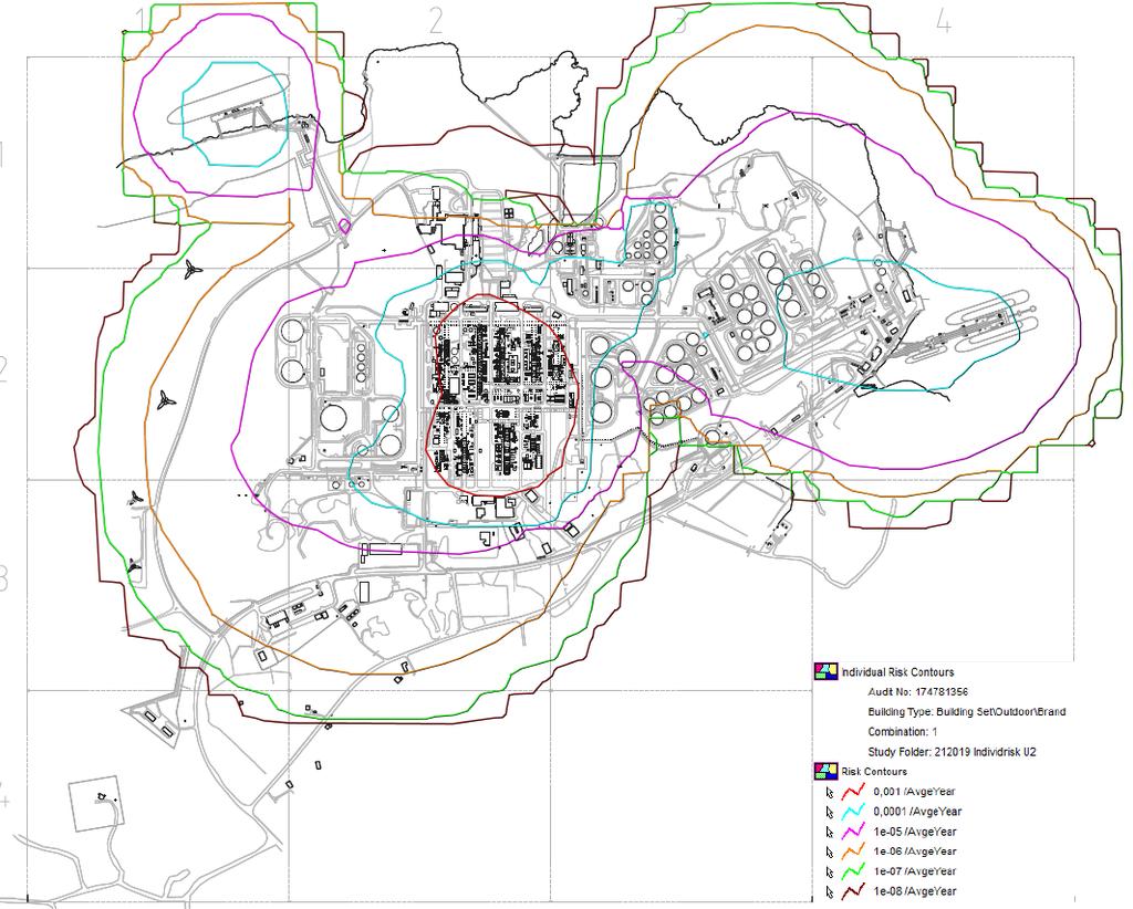 Utdrag från QRA LYR: Bilden visar tryckutbredning med frekvensen 1x10-4. Grön 10 mbar, Turkos 40 mbar, Rosa 60 mbar, Gul 210 mbar, Röd 340 mbar, Orange 690 mbar.