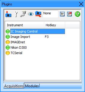 PLUGIN-FÖNSTER Från plugin-fönstret kan installerade plugins hanteras. Två typer av plugins finns tillgängliga inom IMAGEnet i-base: Acquisition (Inhämtnings) -plugins och Module -plugins.