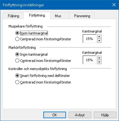 118 Förflyttning Förflyttningsinställning kontroller hur ska visa objekt i förstoringsfönstret. Det finns två generella sätt: kant eller centrerad.