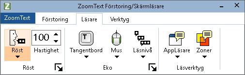 126 Läsarflik The Reader toolbar tab provides quick-action buttons for enabling and adjusting all of ZoomText's Reader features.