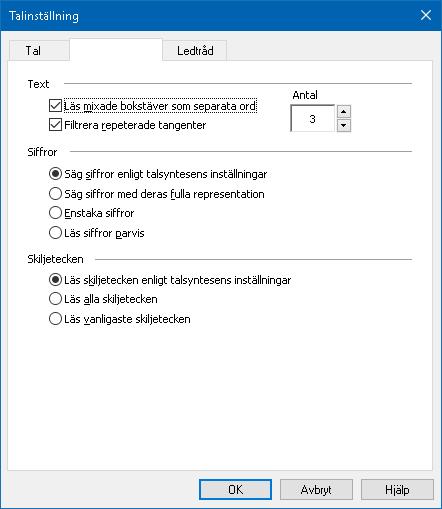 134 Textprocess Textprocess är inställning för hur siffror, skiljetecken och specialtext ska läsas. Med dessa inställningar kan du ställa in det tydligt och bra enligt dina önskemål.