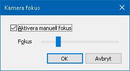 198 2. Kryssa i rutan Aktivera manuellt fokus. 3. Flytta Focus reglaget för att justera bildens fokus. 4. Tryck OK. OBS: Denna knappen avaktiveras (gråas) om den aktiva kameran inte stödjer autofokus.