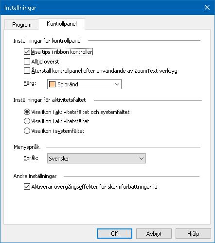 Kapitel 9 Programinstä llningar 221 Kontrollpanel Kontrollpanels inställning kontrollera hur ZoomText kontrollpanel ska visas på Windows skrivbordet. För att ändra inställning 1.