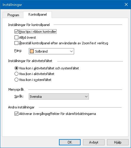 Kapitel 9 Programinstä llningar 221 Kontrollpanel Kontrollpanels inställning kontrollera hur ZoomText kontrollpanel ska visas på Windows skrivbordet. För att ändra inställning 1.