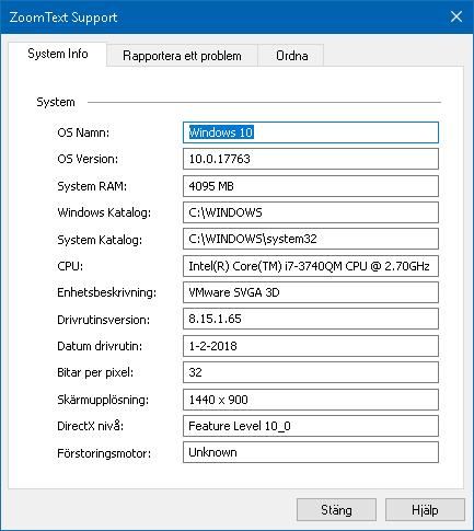 250 System System visar info som kan hjälpa till när man diagnoserar problem.