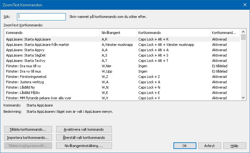 Kapitel 4 ZoomText anvä ndargrä nsnitt 39 Kortkommando dialogruta Alla ZoomText kortkommando kan utforskas och ändras i dialogrutan.