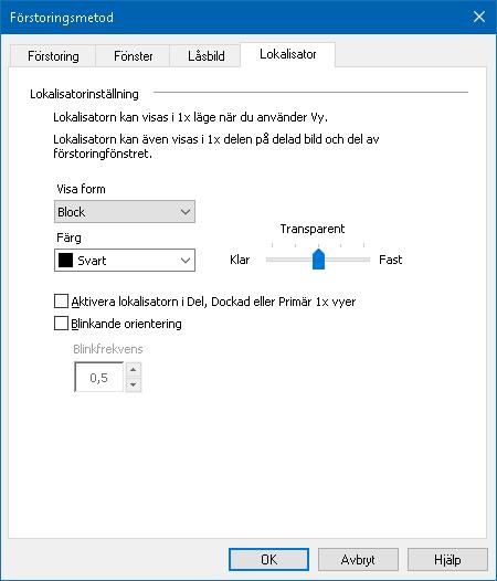 80 Visa lokalisator flik Inställning Visa lokalisatorsinställningar Beskrivning Visa lokalisator Färg Transparent Visar lokalisator i Del, Dockad eller Zoom med 1x vyer Väljer form på hur