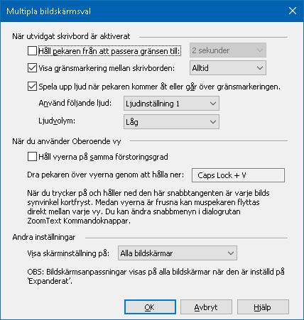 84 Multipla bildskärmsinställningar Inställning Beskrivning När pekaren förflyttas mellan skrivborden Håll pekaren från att passera gränsen till: Visa gränsmarkering mellan skrivborden: Håller