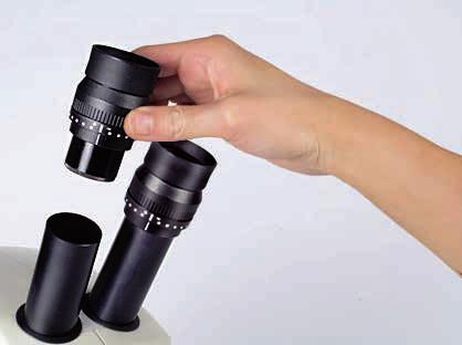 Byta okular (endast till Leica EZ4, öppen version) Byta okular Det finns flera olika okular som kan användas med Leica EZ4, vilket gör att instrumentet går att anpassa mycket väl till olika krav och
