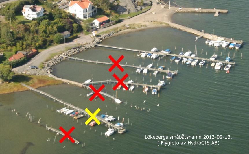 6.1 Upprustning och förtätning av hamnen i Lökeberg. 1. Befintlig vågbrytare byggs ut från 70 till 100 m. 2. Pålbryggan, Brygga 2, är i gott skick och behålles. 3.
