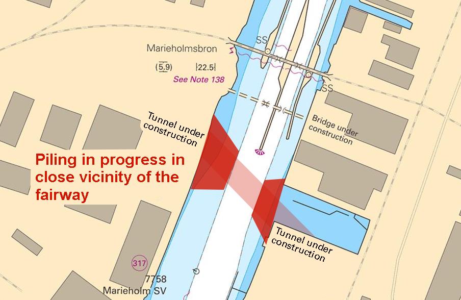 2016-07-07 14 No 606 Piling near the fairway S of Marieholmsbroarna bridges Sjöfartsverket, Göteborg. Publ. 7 juli 2016 Skagerrak * 11266 Chart: 934 Sweden. Skagerrak. Fjällbacka - Valön. Pipe.