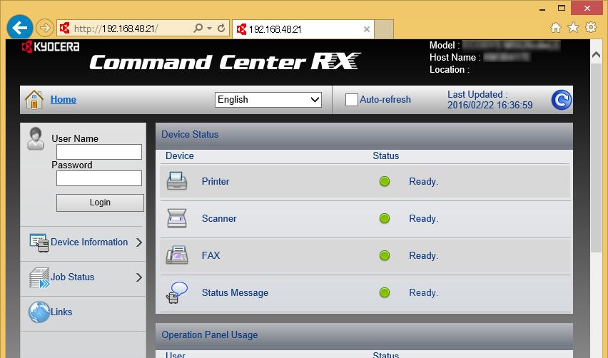 Installera och ställa upp maskinen > Command Center RX Åtkomst till Command Center RX 1 Visa skärmen. 1 Starta webbläsaren.