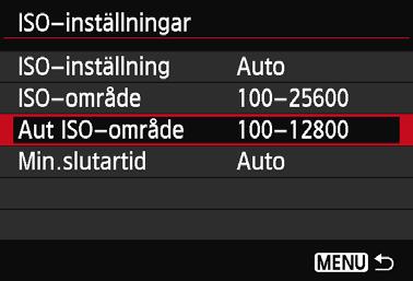 i: Ställa in ISO-talN 3 Ställa in ISO-området för Auto ISO Du kan ställa in det automatiska ISO-området för Auto ISO mellan ISO 100 och 25600.