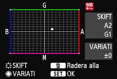 Uppe till höger under SKIFT anges riktning och styrka. Om du trycker på knappen <L> raderar du alla inställningar av [VB variation].