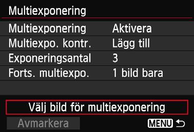 P MultiexponeringarN Slå samman multiexponeringar med en bild som registrerats på kortet Du kan välja en bild som registrerats på kortet som den första enskilda exponeringen.