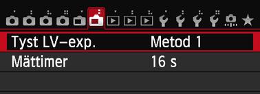 3 Inställningar av menyfunktioner Menyn [A2] Tyst LV-exp.N Metod 1 Fotograferingsljudet är tystare än vid vanlig fotografering. Det går även att ta bildserier.